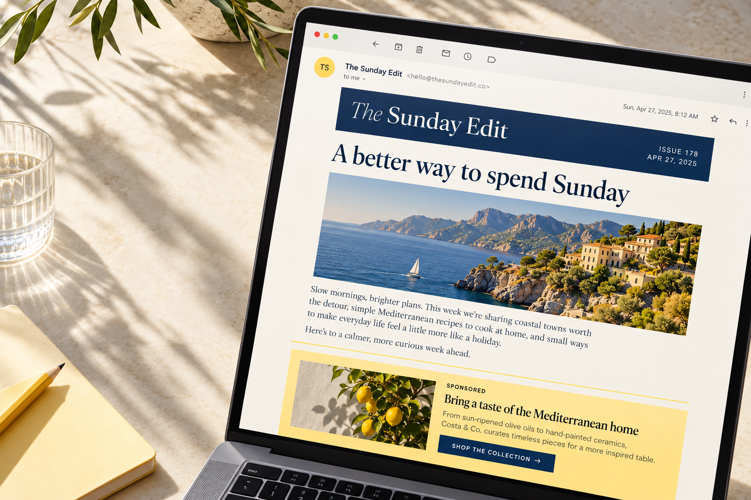Realistic email newsletter open on a laptop, with an article and sponsored placement